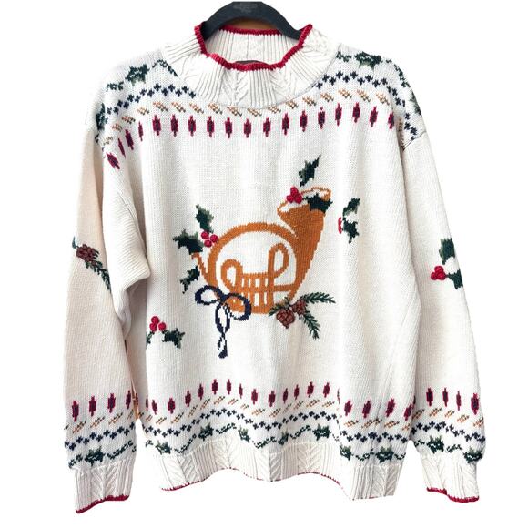 VTG Woolrich Womens Christmas Sweater Sz XL French Horn Cotton Y2K Holiday Party - Picture 1 of 7